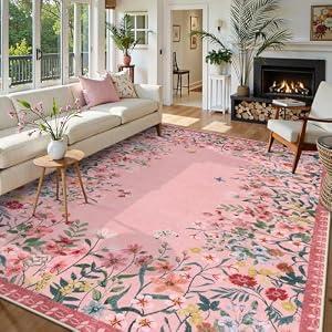 Wonnitar Washable Pink Floral 9x12 Rugs for Bedroom, Non-Slip Living Room Area Rug, Cute Nursery Large Botanical Area Rug, Soft Floor Carpet for Playroom Closet (Pink, 9'x12')