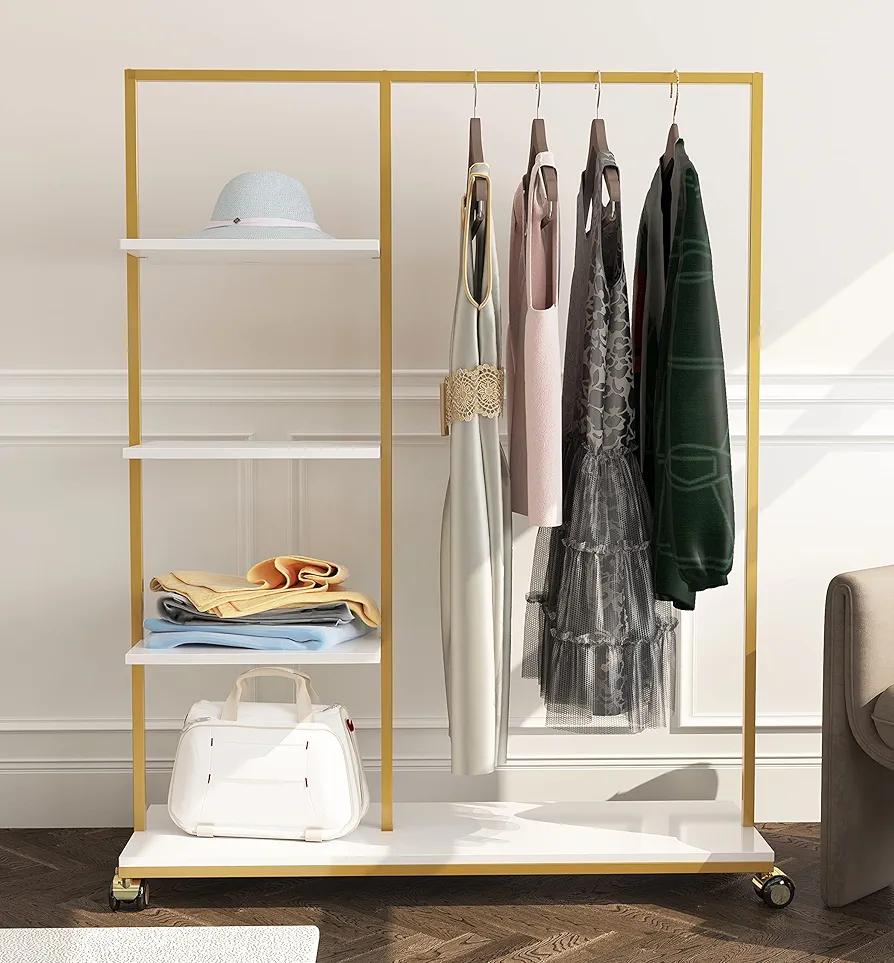 HOMEKAYT Gold Clothing Rack with Shelves Heavy Duty Garment Rack 4-tier Gold Clothes Rack Modern Display Rack for Home, Boutique, Retail- 47''L
