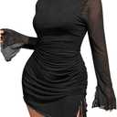 Women's 2025 Plus Size Bodycon Dresses Long Bell Sleeve Fall Dress Mesh Sheer Ruched Party Club Mini Dresses (X-Large Plus, Black)