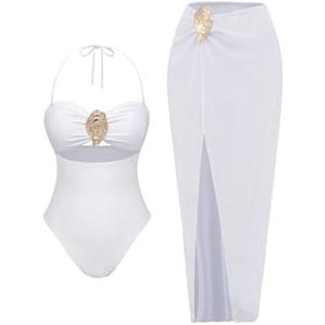 SOLY HUX Women's One Piece Swimsuit Cut Out Halter Metal Bathing Suit with Split Beach Cover Up Skirt. Size L