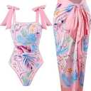 Cerdexon One Piece Bathing Suit for Women with Beach Cover up Wrap Skirt Swimsuit Sarong Retro Floral Print Bikini Set (US, Alpha, 3X-Large, Regular, Regular, Flamingo Pattern)