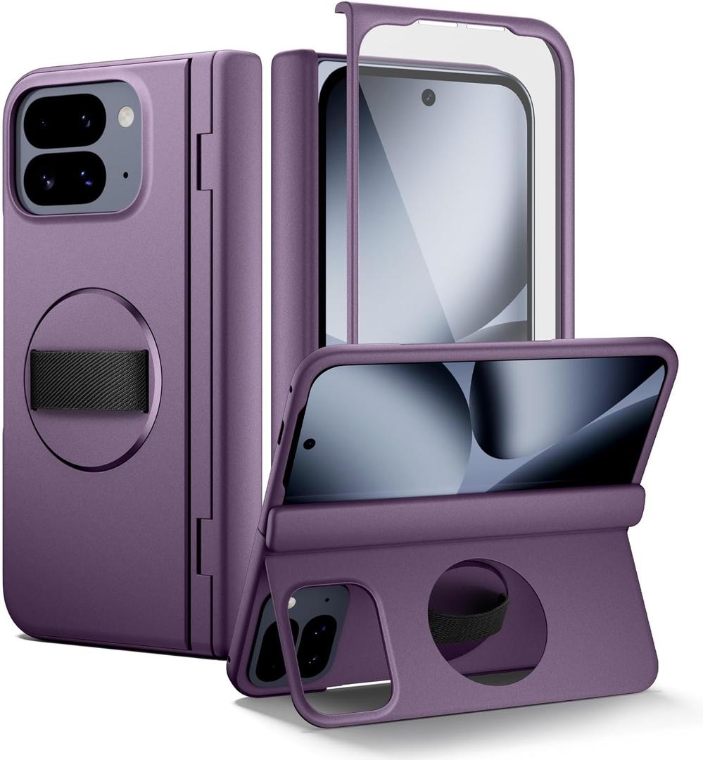 SURITCH for Google Pixel 10 Pro Fold Case with 360 Rotatable Hand Strap Phone Grip Holder & Invisible Kickstand & Screen Protector, Protective Cover for Pixel 10 Pro Fold -Dark Purple