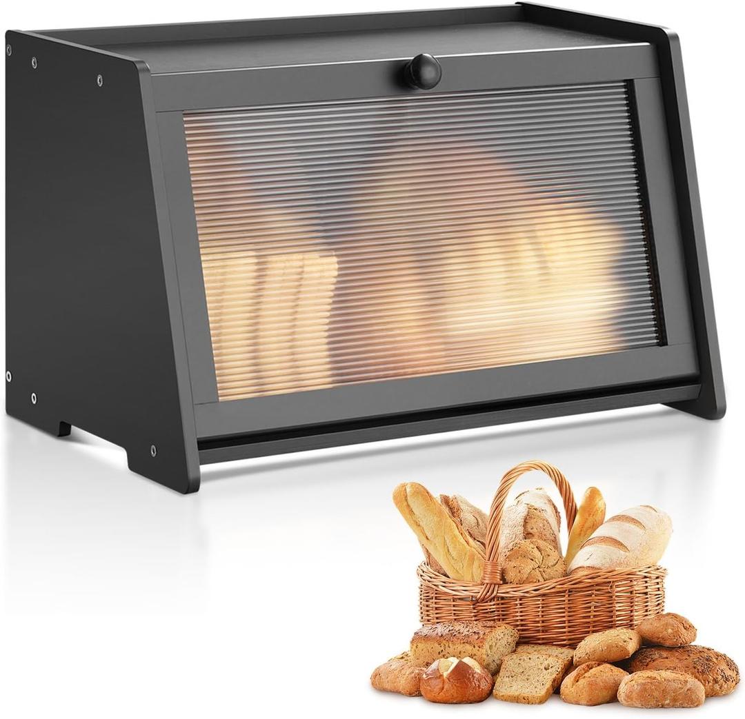 VEVOR Bread Box for Kitchen Counter, Large Capacity Bamboo Bread Storage Container, Farmhouse Wooden Breadbox Organizer for Homemade Bread, Storage Holder Bin with Acrylic Wavy Door Panel, Black (Rectangular Single-Layer)