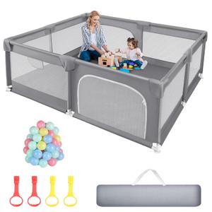 Sour Lemon Baby Playpen 79x71 inch Extra Large Playpen for Babies and Toddlers, Baby Fence Play Pen Yard with Safety Gate Fence with 50 Ocean Balls 4 Pull Rings for Kids Indoor Outdoor (Grey)