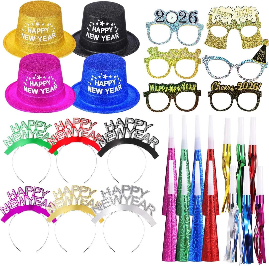 Sratte 36 Pcs 2026 New Year's Party Kit, 4 Colors Hats 12 Noisemakers 6 Eyeglasses 6 Headband Tiaras 8 Blowing Horns for Party New Year Eve Favors
