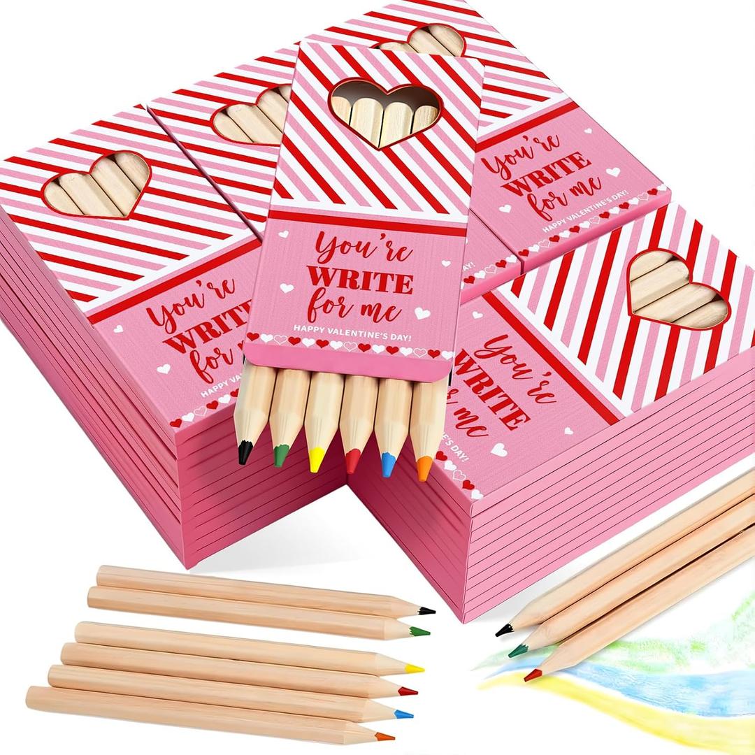 Tinlade 50 Pcs Valentines Day Gifts for Kids Classroom Mini Colored Pencils Bulk 3.5'' Coloring Drawing Pencil Valentine's Exchange Gift for School Valentines Day Party Favors for Boys Girls