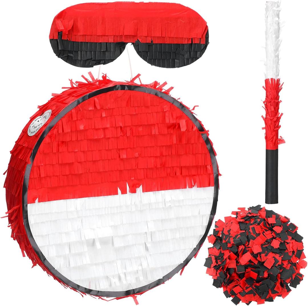 Lunmon Cartoon Animation Piata Red and White Ball Cartoon Birthday Party Favors Anime Themed Fiesta Decorations Piata with Batting Stick Eye Mask and Confetti for Video Nights Sports Team