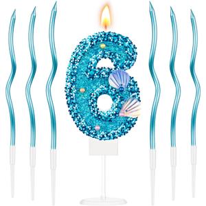 Landhoow Blue Mermaid Birthday Candles Set for Girls 2.8 Inch Sequins Candle with 6 Pcs 6.7 Inch Twisty Cake Topper for Baby Kids Birthday Anniversary Sea Party Decoration(Number 6)