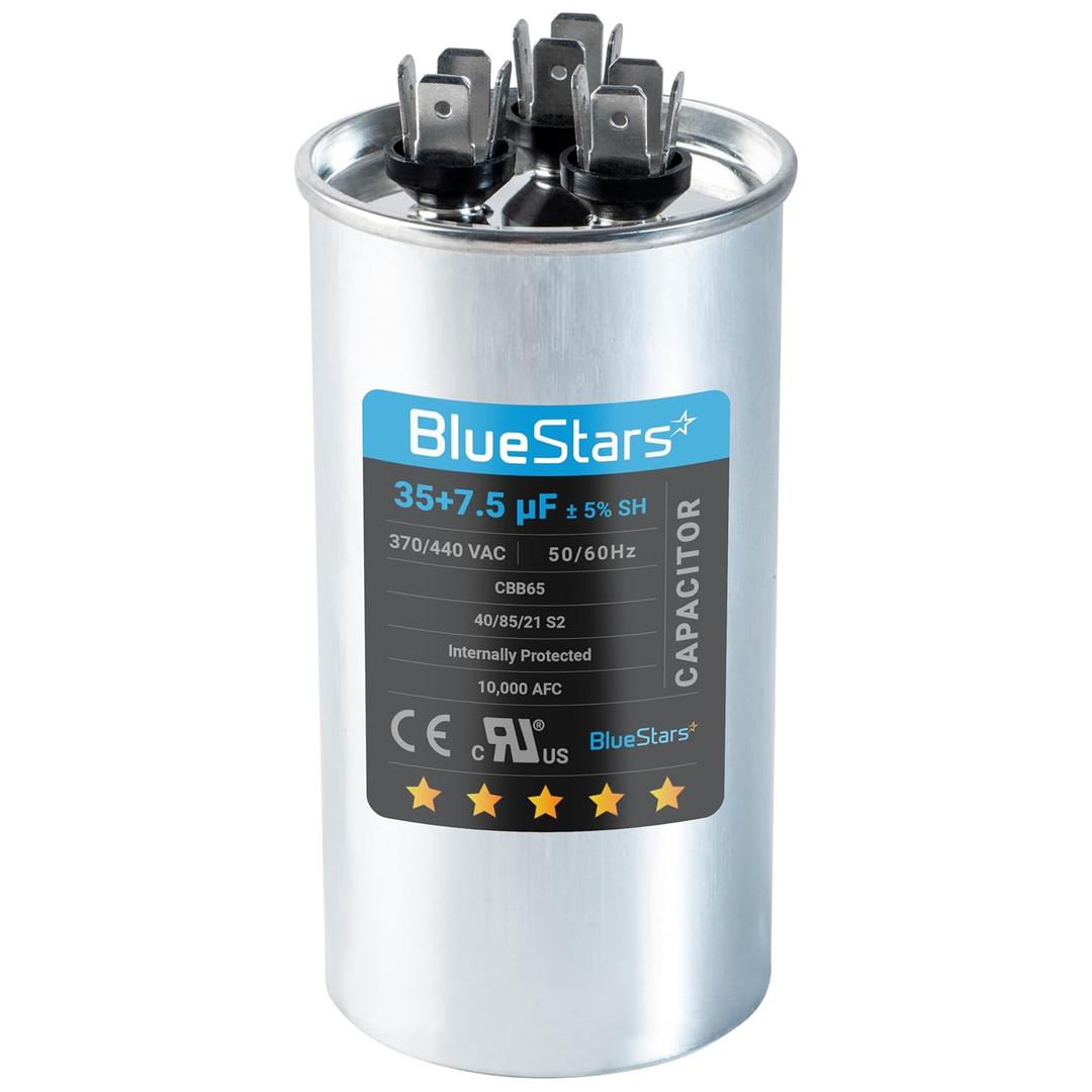 BlueStars 35+7.5 uf/MFD 370-440V AC Dual Run Capacitor CBB65B  Replacement for AC Motor, Fan Start, and Heat Pump Air Conditioners  Replaces TRCFD3575, Z97F9830