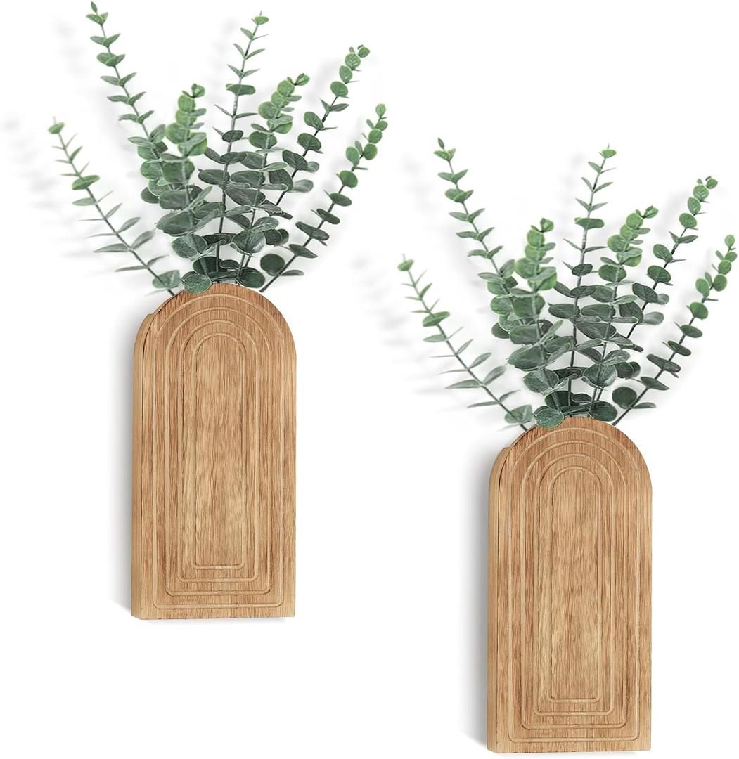 Dahey Wood Wall Planter Vase with Artificial Eucalyptus, 2 Pack Hanging Planter for Indoor Fake Plants Modern Boho Farmhouse Wall Art Decor for Bathroom Bedroom Kitchen Office Home Decoration, Natural (Nurtal)