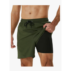 SILKWORLD Men's Swimming Trunks with Compression Liner 2 in 1 Quick-Dry Swim Shorts with Zipper Pockets XL