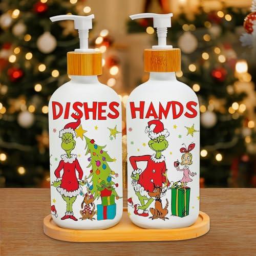 Christmas Soap Dispenser Set, 100% Glass Holiday Hand Soap Dispenser with Pump and Wood Tray, Refillable White Bottles for Kitchen Sink or Bathroom Counter, Festive Christmas Kitchen Decor Gift (2PC)