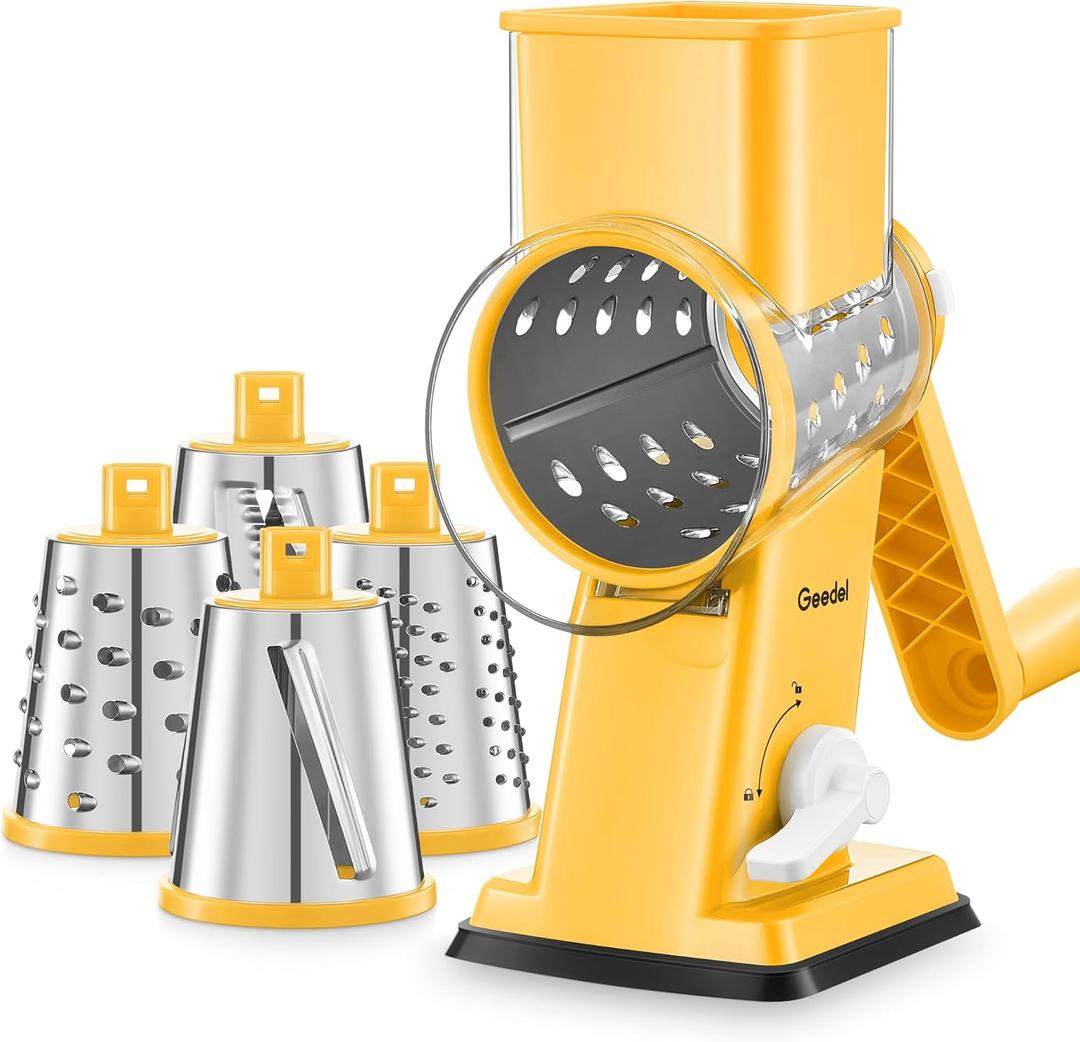 Geedel Rotary Cheese Grater - Upgraded Vegetable Shredder with 4 Interchangeable Blades, Easy to Clean Cheese Shredder with Handle, Kitchen Grater Nuts Grinder for Cutting Cheese, Vegetable, Nuts (Yellow)