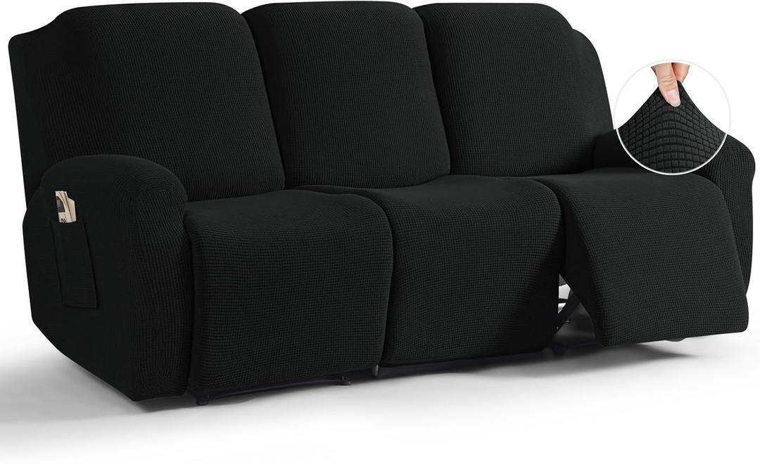 TAOCOCO Recliner Sofa Covers 8-Pieces Stretch Large Couch Covers for 3 Seats Reclining Slipcovers Soft Jacquard Pattern Furniture Protector Black