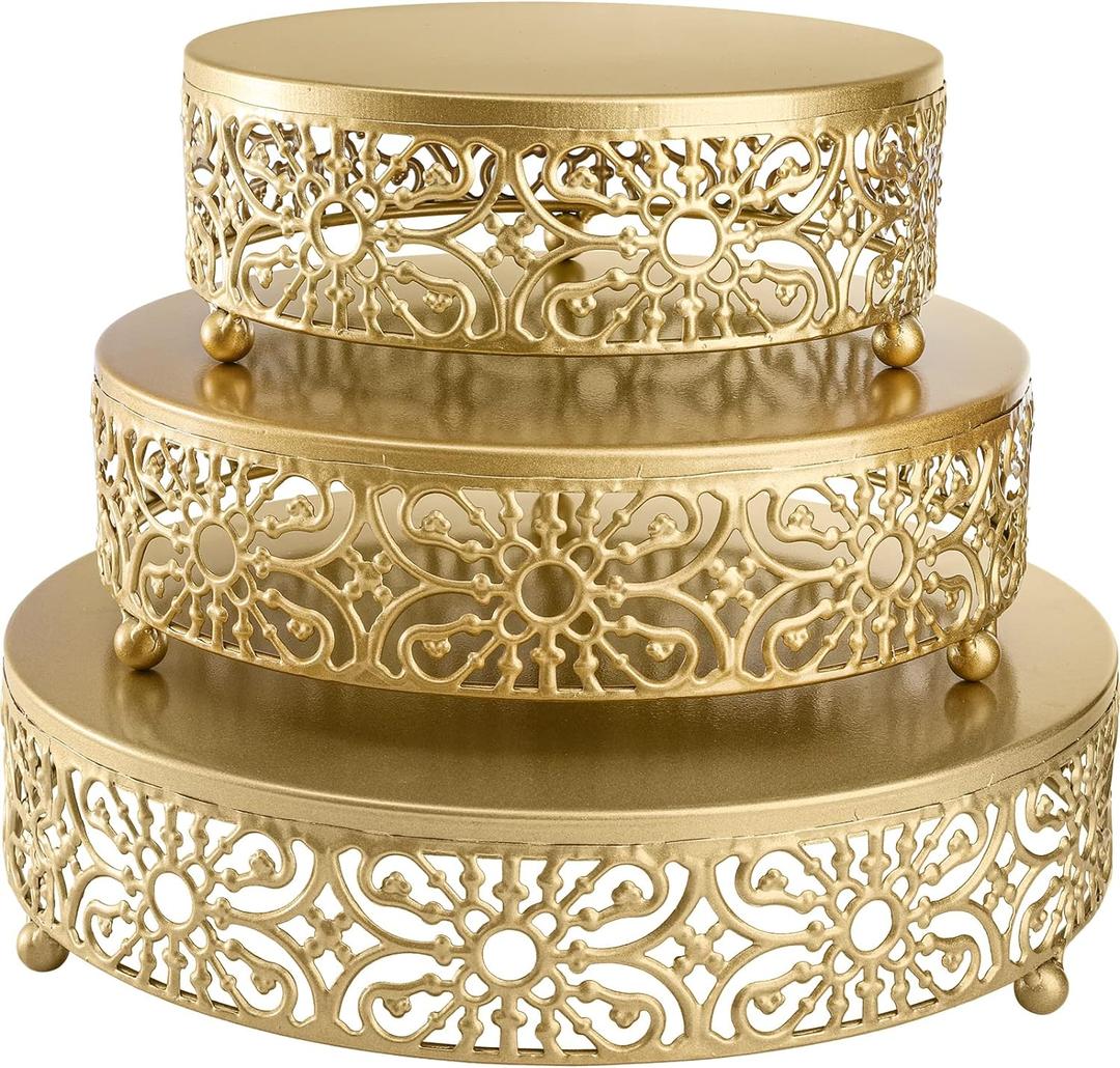 Hedume 3 Pack Cake Stand, Round Metal Cake Stands, 8" 10" 12" Dessert Display Cupcake Stands, Wedding Brithday Party Celebration Dessert Cake Display Plates-Gold