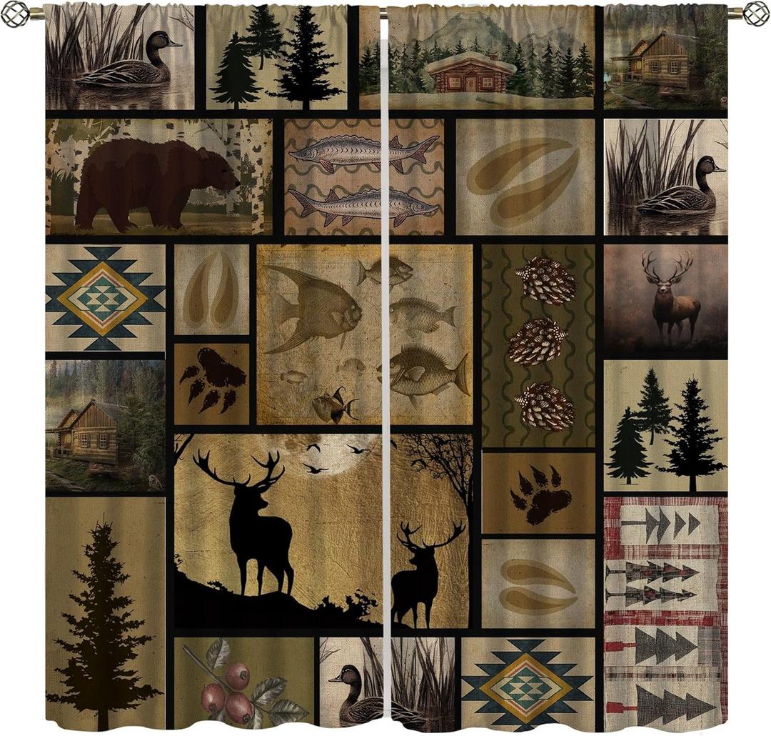 Vintage Deer Bear Curtains, Fish Retro Farmhouse Cabin Lake Country Lodge Thermal Insulated Window Treatments for Bedroom Kitchen Living Room Drapes 2 Panels 42x45 Inch