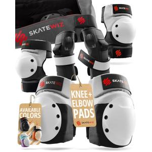 SKATEWIZ Adult Knee Pads, Skate & Skateboarding Wrist Guards for Skating Adult with Elbow Pads - Skateboard Protective Gear - Shield - Size M Grey White - Roller Skates, Inline Skates