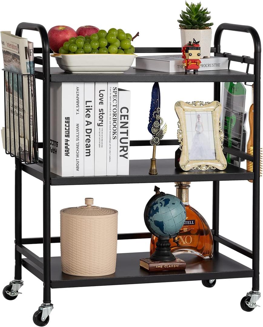 HDANI 3 Tier Metal Rolling Utility Cart,High Capacity Multi Purpose Heavy Duty Cart for Office,Kitchen,Living Room,Bedroom,Black (Large with Basket)