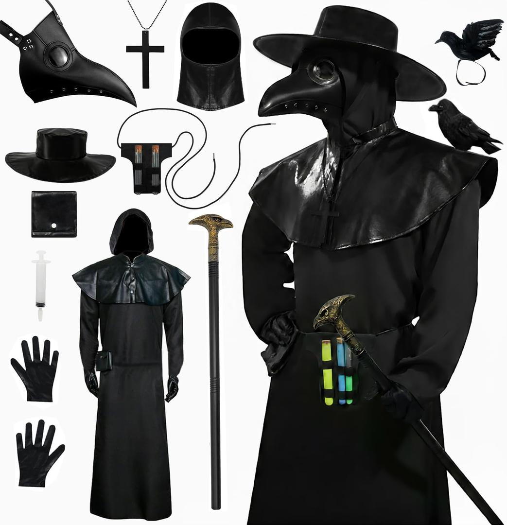 Kicpot Plague Doctor Halloween Costume Beak Mask Priest Monk Halloween Cosplay Medieval Renaissance Steampunk (Large)
