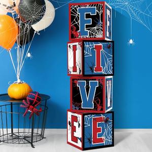 Feifeiya 4 Pcs Spider 5th Birthday Decoration Spider Theme Balloon Boxes "Five" Letter Box Blocks for Boy Five Years Old Birthday Party Decoration Backdrop Photoshoot Props
