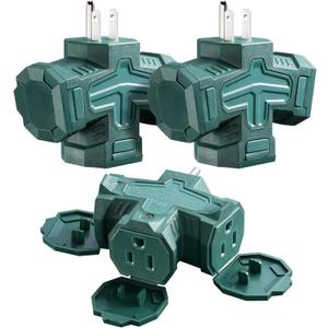 SURAIELEC Outdoor 3 Way Plug Adapter, Multi Plug Outlet Waterproof, 1 to 3 Power Splitter, Electrical 15A Multiple Outlet Extender with Cover for Outside Garden Garage, Green, ETL Listed, 3 Pack
