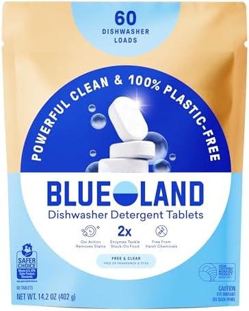 BLUELAND 100% Plastic-Free Dishwasher Detergent Tablets, 60 Count, Free & Clear, Eco-Friendly Dishwashing Pods, Natural, USDA Certified biobased