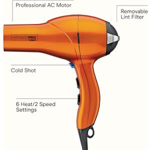 Infiniti PRO CONAIR Hair Dryer with Diffuser, Professional AC Motor, Tourmaline Ceramic Technology Blow Dryer, Includes Concentrator and Blowout Brush,  Orange