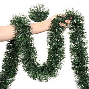 50 FT Christmas Tinsel Garland Christmas Decorations with Snowman Ornament, Red Green Shiny Metallic Twist Christmas Garland for Xmas Tree Home Mantle Stairs Indoor Outdoor Holiday Party Decor