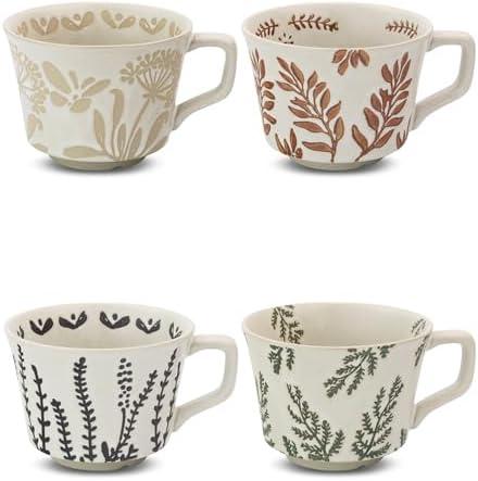 LINVIA Ceramic Coffee Mug, 12 oz Novelty Unique Teacup with Handle, Stoneware Cup for Tea Mocha Latte Cappuccino Espresso (Set of 3,Butterfly Grass Ivy and Leaf)