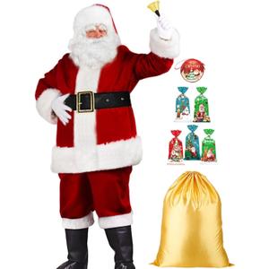 Oumbivil 62pcs Deluxe Santa Claus Costume for Men Adult Velvet Santa Costume Suit Outfit Christmas Costume (Large)