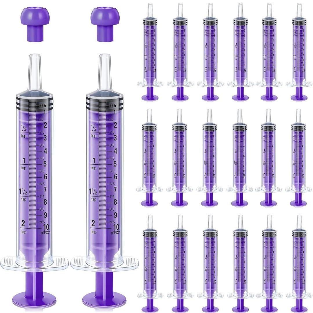 TrelaCo 20 Pack 10ml Oral Syringes with Cap for Liquid Plastic Syringe Without Needle Colored Measuring Dispensing Tools Individually Sealed for Pets Feeding(Purple)