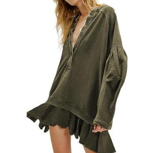 Womens Long Sleeve Pullover Sweatshirt Dress Button Down Oversize Fall Mini Dress(Green-L)