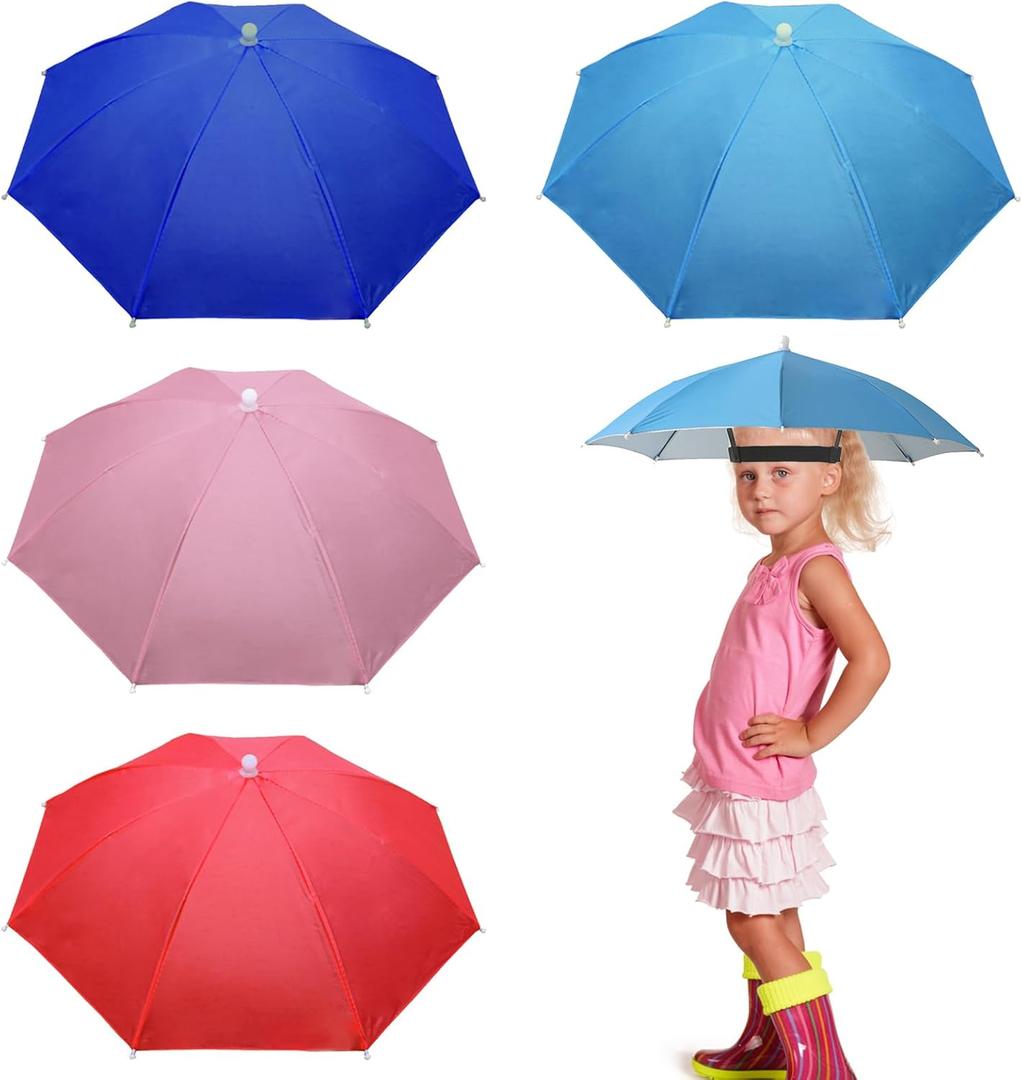 4 Pack 20.5" Hands-Free Head Umbrella Hats for Kids, Multicolor Folding Waterproof Umbrella Cap With Head Strap for Outdoor Party, Fishing, Sun, Rain, Snowy, Beach, Hiking
