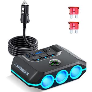 Cigarette Lighter Splitter, 120W Car Charger Adapter with USB & PD, 7 in 1 Multi Port Power Plug with Independent Switches & LED Voltage Display for 12V- 24V Vehicles (3.3FT Cable)