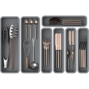 7 Pack Silicone Silverware Drawer Organizer, DIY Free Combination Kitchen Drawer Organizer, Utensil Organizer, Moisture-proof and Heat-resistant up to 200C, Anti-slip Design (Grey)