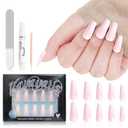 Coffin Press On Nails, Ombre & Glossy Fake Nails, Reusable Press Ons Set for Women Daily Wear, Durable, 12 Sizes - 24 Pcs with Glue & Jelly Gel, Gradient Pink