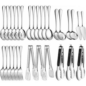 ZLMTZDJD 30 Piece Stainless Steel Serving Utensils Set - Buffet Serving Spoons Forks Tongs for BBQ, Parties, Catering, Weddings, Events - Silver