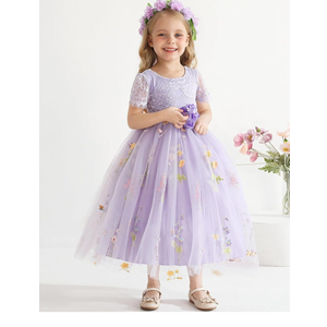 Flower Girl Lace Back V-Neck Dress Full-Length Floral Embroidered Toddler Tutu Tulle Dresses for Girls 5-6Y