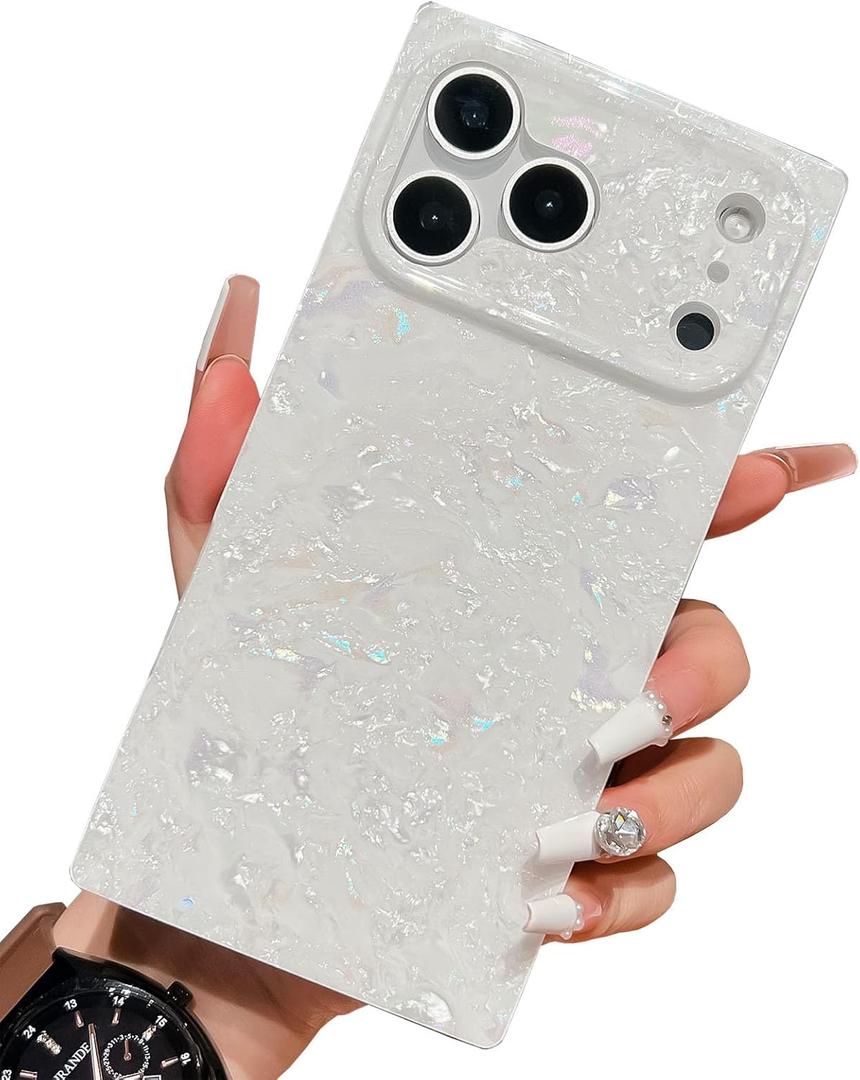 KERZZIL Elegent Pearl with Glitter Powder Compatible with iPhone Case, Slim Soft Rectangle Edge TPU Silicone Protective Bumper Cases Cover(White,17 Pro)