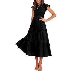 BTFBM Women Casual Short Sleeve Crew Neck Summer Dress Bohemian Floral Printed Flowy Maxi Dresses Tiered Cocktail Dress (Black, XXL)