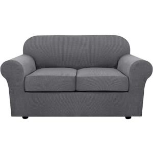 H.VERSAILTEX 3 Piece Stretch Sofa Covers for 2 Cushion Loveseat Couch Covers for Living Room Furniture Cover (Base Cover Plus 2 Seat Cushion Covers) Thicker Jacquard Fabric(Medium Sofa, Grey)