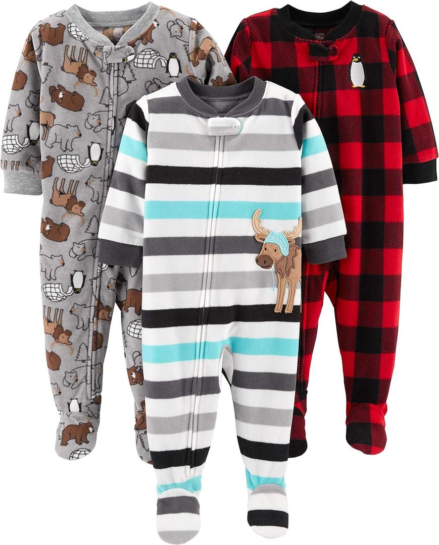 Simple Joys by Carter's Baby Boys' 3-Pack Loose Fit Flame Resistant Fleece Footed Pajamas, Buffalo Check/ Polar Bear/ Stripe, 12 Months