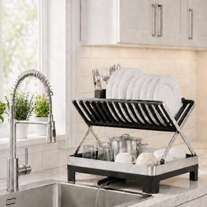 Urakify Large Stainless Dish Drying Rack for Kitchen Counter, Black | 14.5"W x 16.5"L, Large Collapsible Dish Drainer, Utensil and Wine Glass Holder
