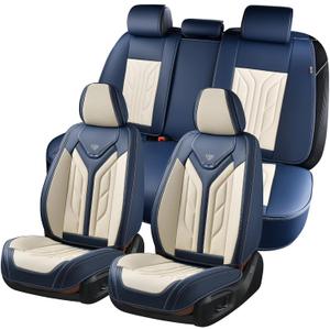 Coverado Car Seat Covers Full Set, Leather Seat Covers for Cars, Automotive Seat Covers Car Seat Protectors Car Accessories Universal Fit for Most Sedans SUV Pick-up Truck(Blue&Beige)