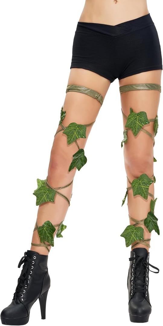 Spooktacular Creations Green Leaf Leg Wraps Shimmer Garter for Adult Women, Garter Leg Wraps for Rave Dancing Party, Halloween Costume Cosplay Parties