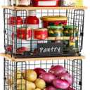 2 Set XL Stackable Wire Basket with Bamboo Tops & Tags- Pantry Organizer and Storage Bins, Kitchen Counter Cabinet Shelf Countertop Under Sink Organizing, Food Snack Produce Onion Potato Bread Storage
