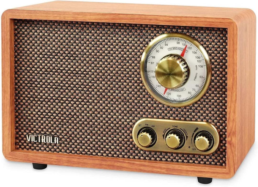 Victrola Willow Retro Wood Bluetooth Radio with Built-in Speakers: Elegant & Vintage Design, Rotary AM/FM Tuning Dial, Bass & Treble Control, Wireless Streaming (Walnut)