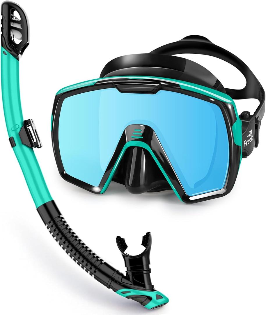 Freela Adult Dry Snorkel Set with Mirrored Lens Anti-Fog 180 Wide View Anti-Fog, Scuba Diving Mask with Nose Cover, Snorkeling Gear for Men Women (Green with Blue)