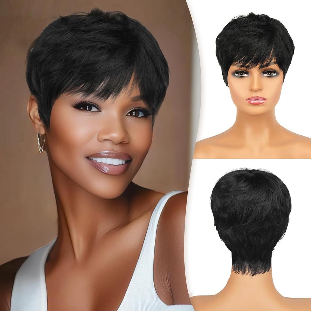 RUWISS Pixie Cut Wig Human Hair Wigs Human Hair Wig with Bangs Natural Short Black Wig Layered Wavy Different Style Short Wigs for Black Women (1B#) (FH-1198)