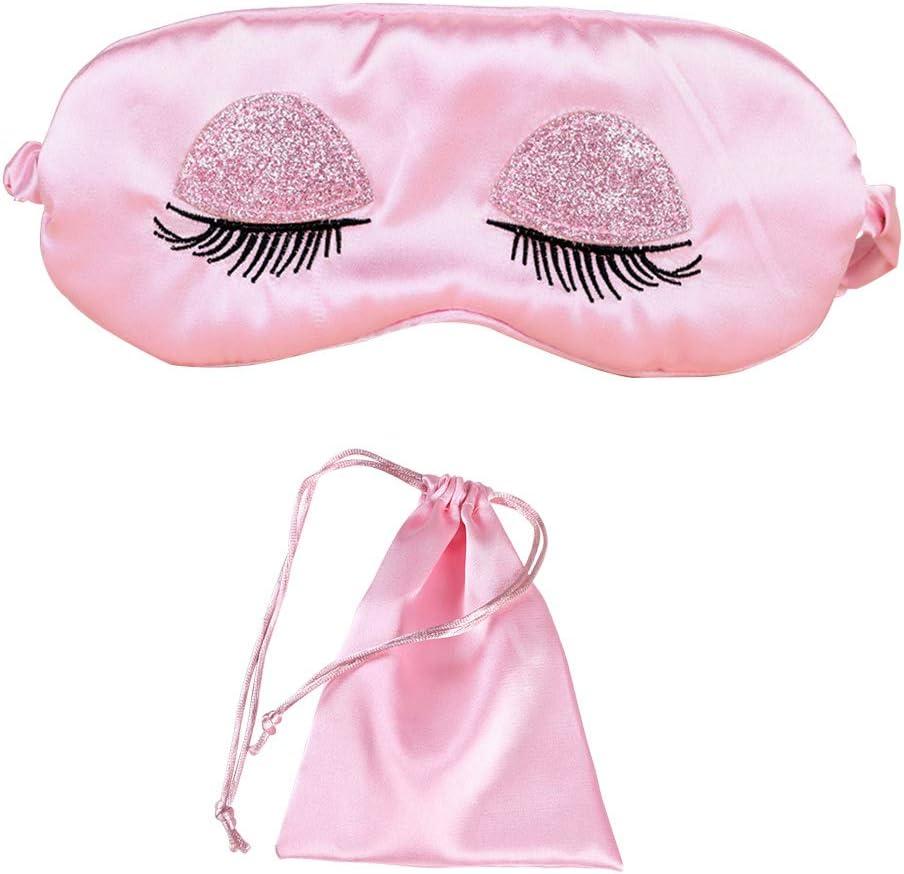 2 x Sweet Girl's Satin Eye Mask Long Eyelash Embroidered Eye Cover Sleeping Eyeshade with Portable Pouch